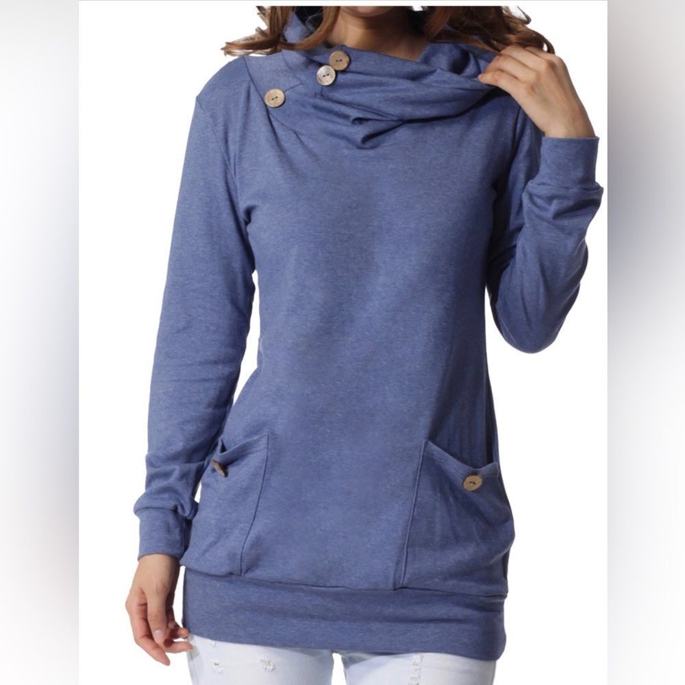 Levaca Womens Blue Long Sleeve Button Cowl Neck Tunic Top Size Large NWOT